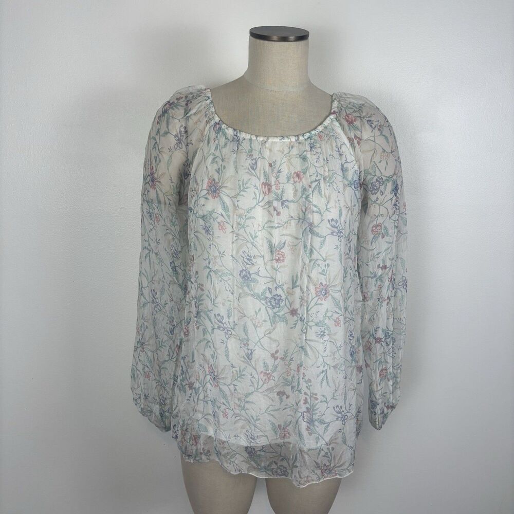 Viola Borghi Blouse 100% Silk Top Floral Design Womens Size Small Sheer Sleeves